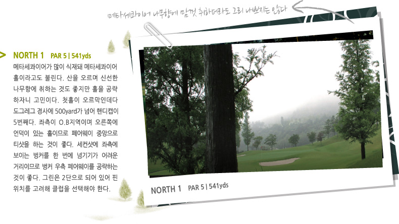 NORTH 1   PAR 5 | 541 YARD -
메타세콰이어가 많이 식재돼 메타세콰이어
홀이라고도 불린다. 산을 오르며 신선한 나무향에 취하는 것도 좋지만 홀을 공략
하자니 고민이다. 첫홀이 오르막인데다 도그레그 경사에 500yard가 넘어 핸디캡이
5번째다. 좌측이 O.B지역이며 오른쪽에 언덕이 있는 홀이므로 페어웨이 중앙으로 티샷을 하는 것이 좋다. 세컨샷에 좌측에 보이는 벙커를 한 번에 넘기기가 어려운 거리이므로 벙커 우측 페어웨이를 공략하는 것이 좋다. 그린은 2단으로 되어 있어 핀 위치를 고려해 클럽을 선택해야 한다.